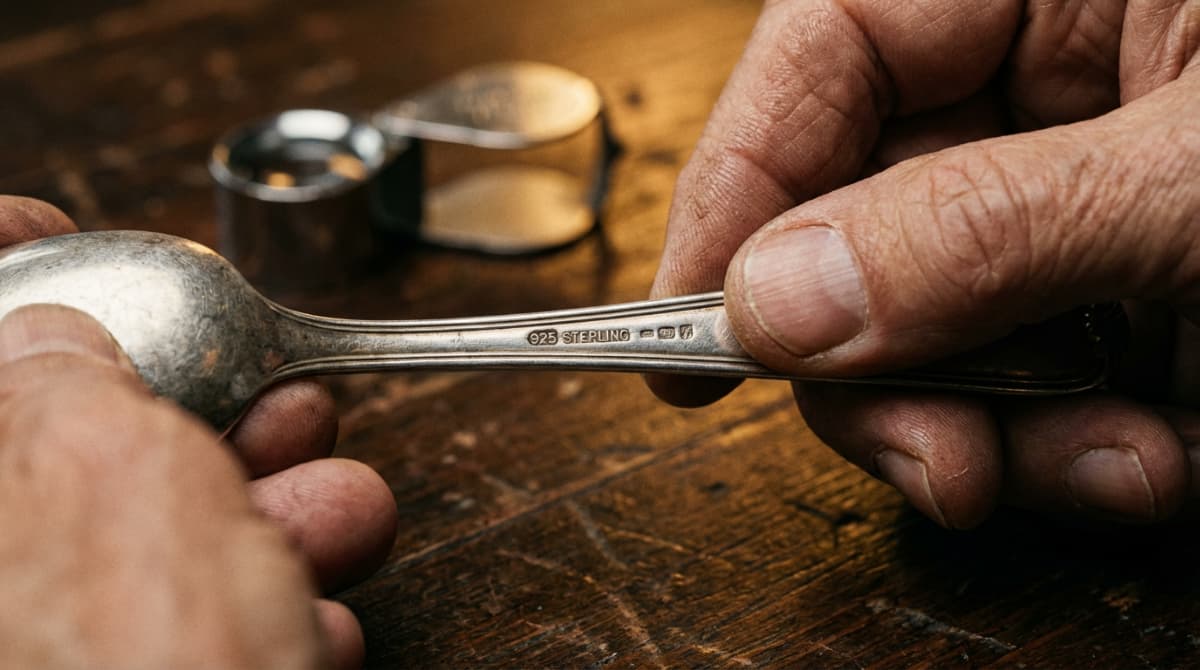 Sterling silver hallmark 925 stamp on flatware at estate sale