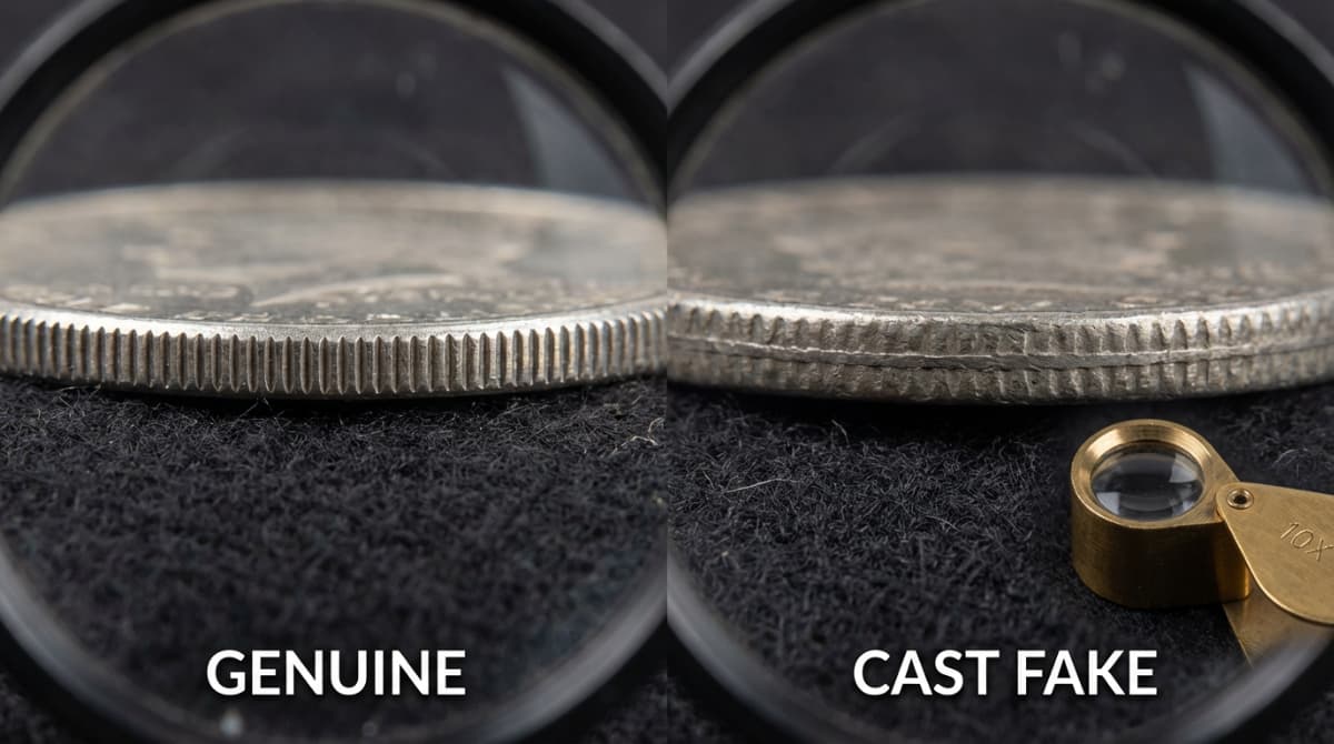 Genuine vs counterfeit coin edge comparison showing seam line on fake