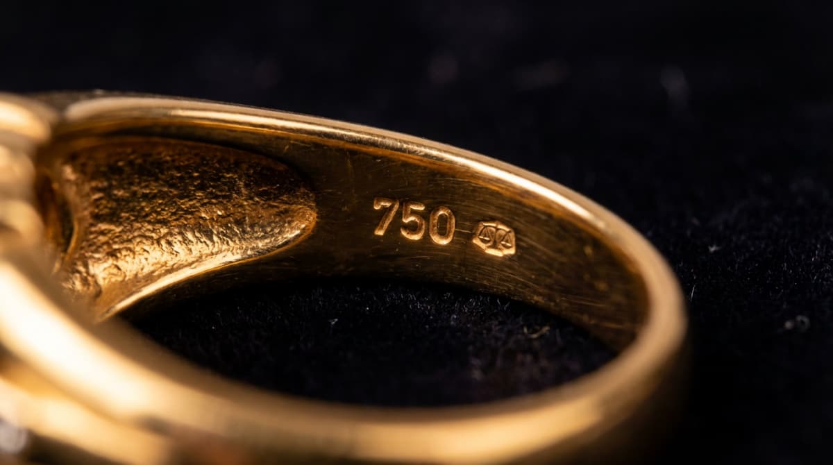 hallmark stamp inside a gold ring showing '750'