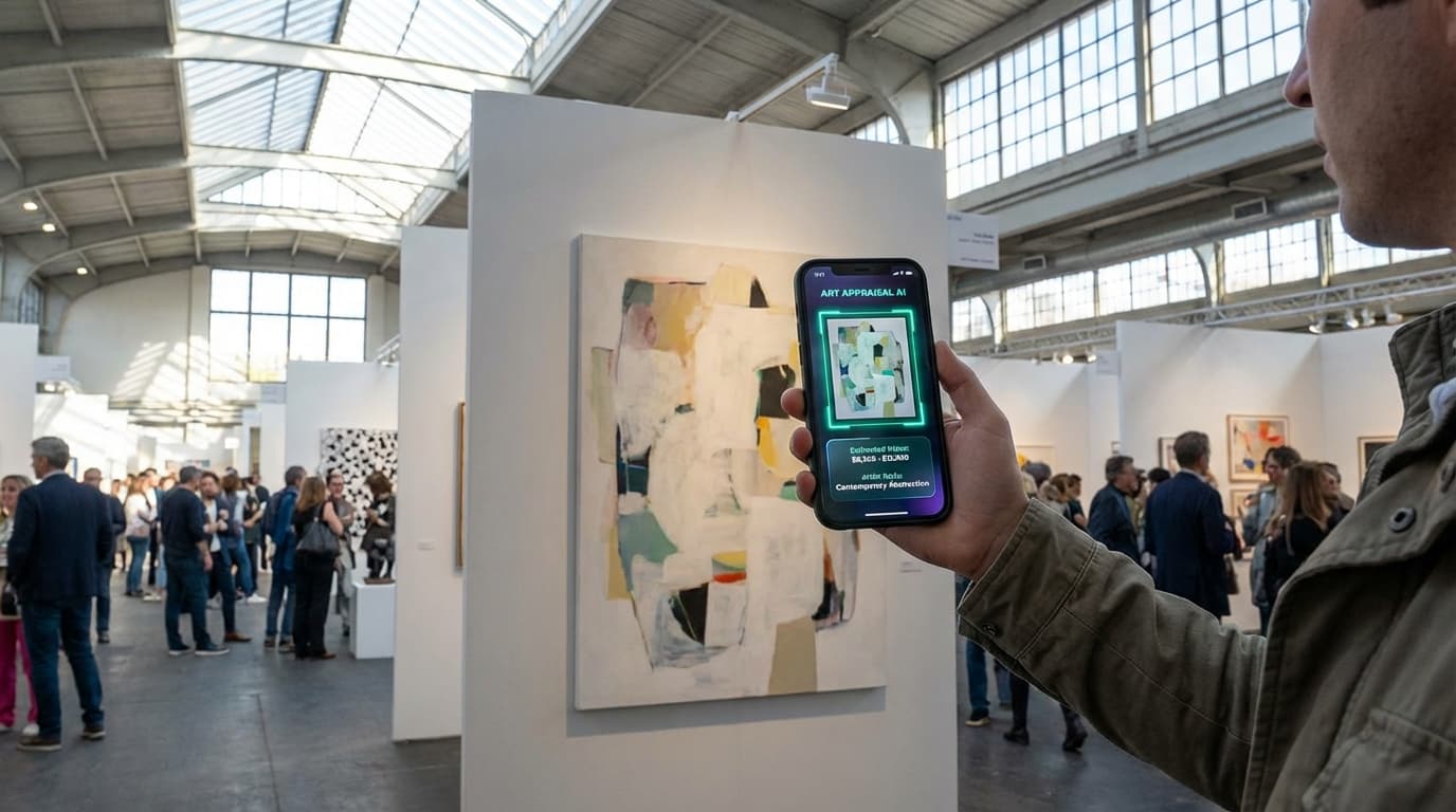 Using AI art appraisal app at an art fair to check painting value before buying