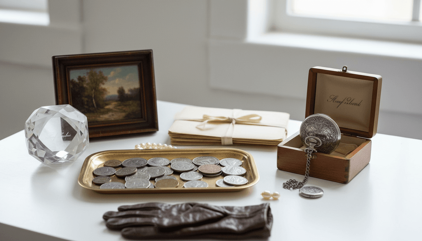 Downsizing estate items sorted for appraisal — coins, jewelry, art, and collectibles