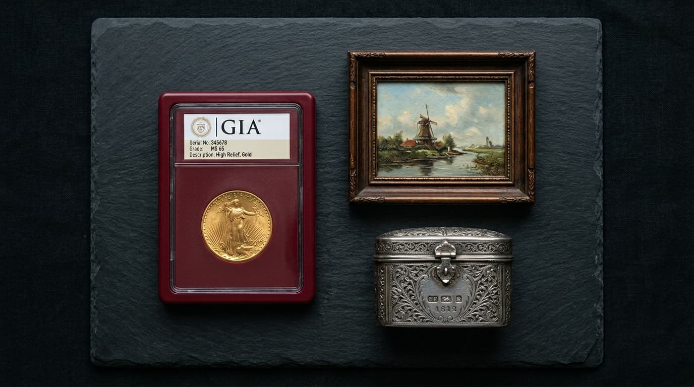 Investment-grade collectibles: graded coin, fine art print, and antique silver
