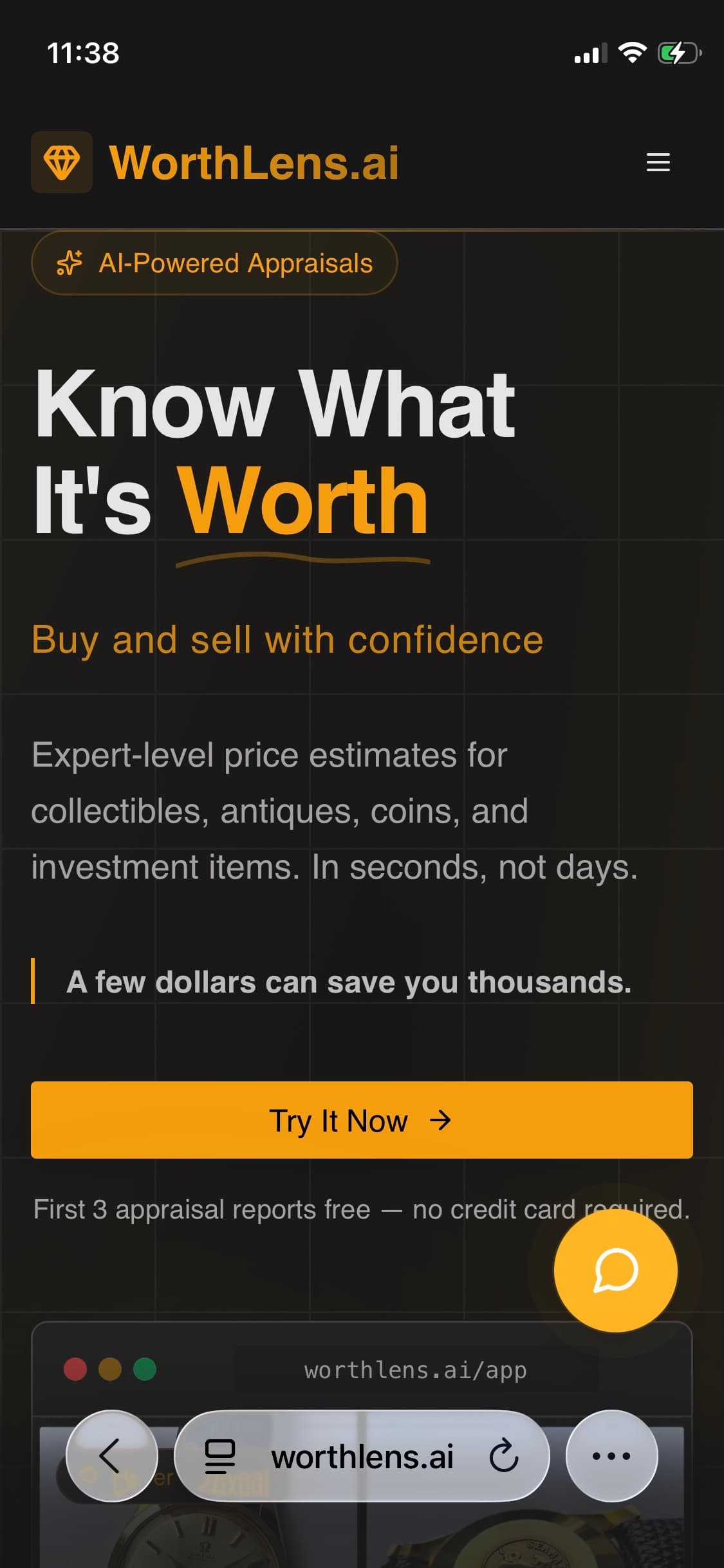 Worthlens.ai mobile view on Safari