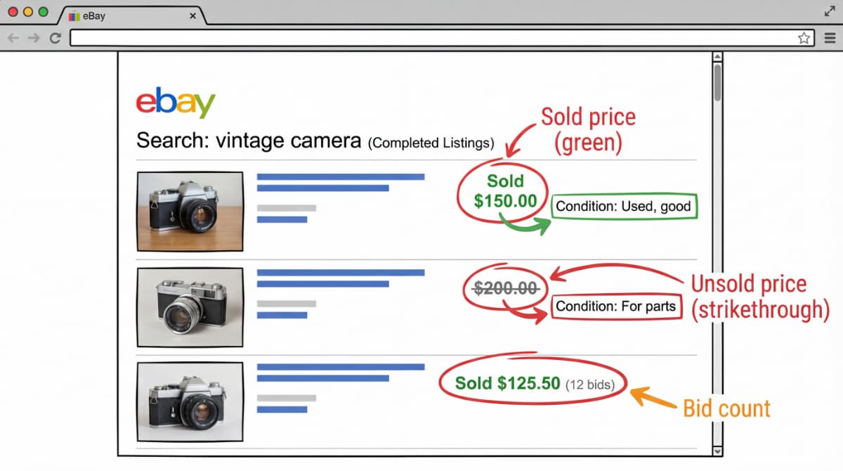 How to read eBay completed listings for antique pricing research