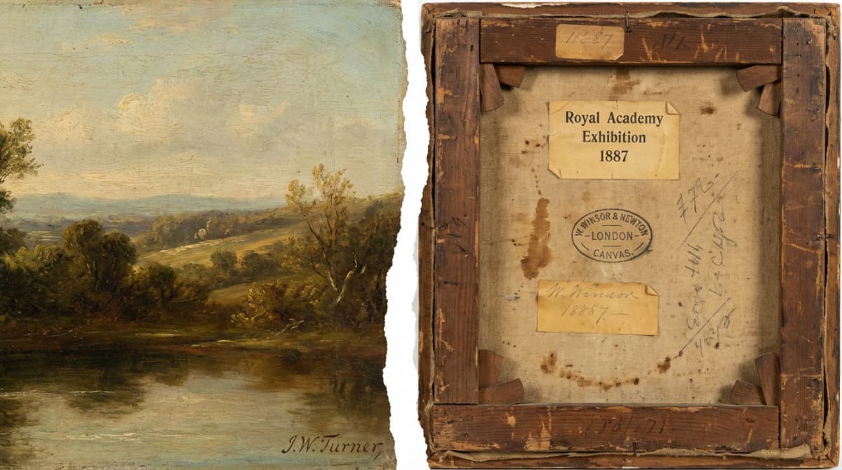 Painting front showing signature and back showing provenance labels