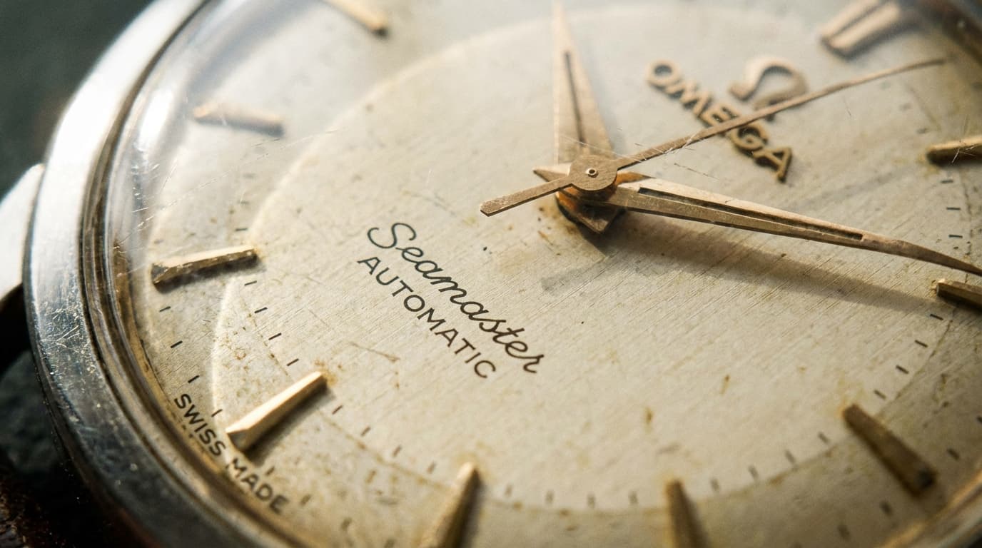 Close-up of a vintage watch dial showing key identification text