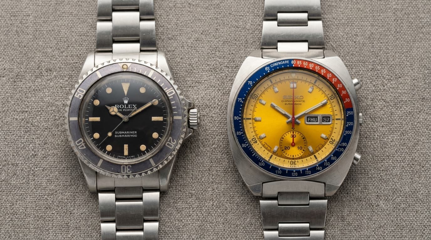 Vintage Rolex Submariner next to a vintage Seiko 6139 chronograph