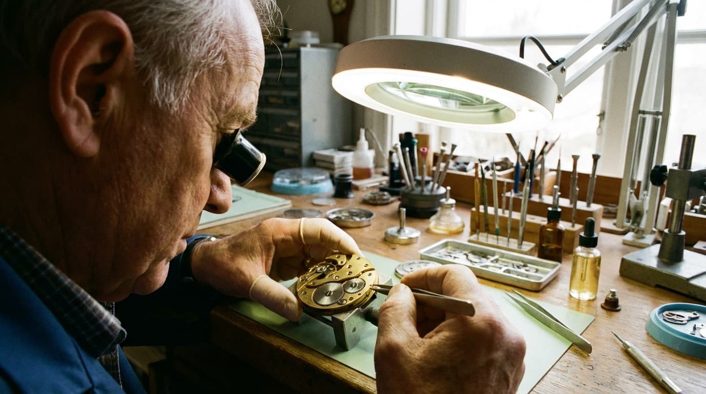 Watchmaker examining a vintage watch movement with a loupe